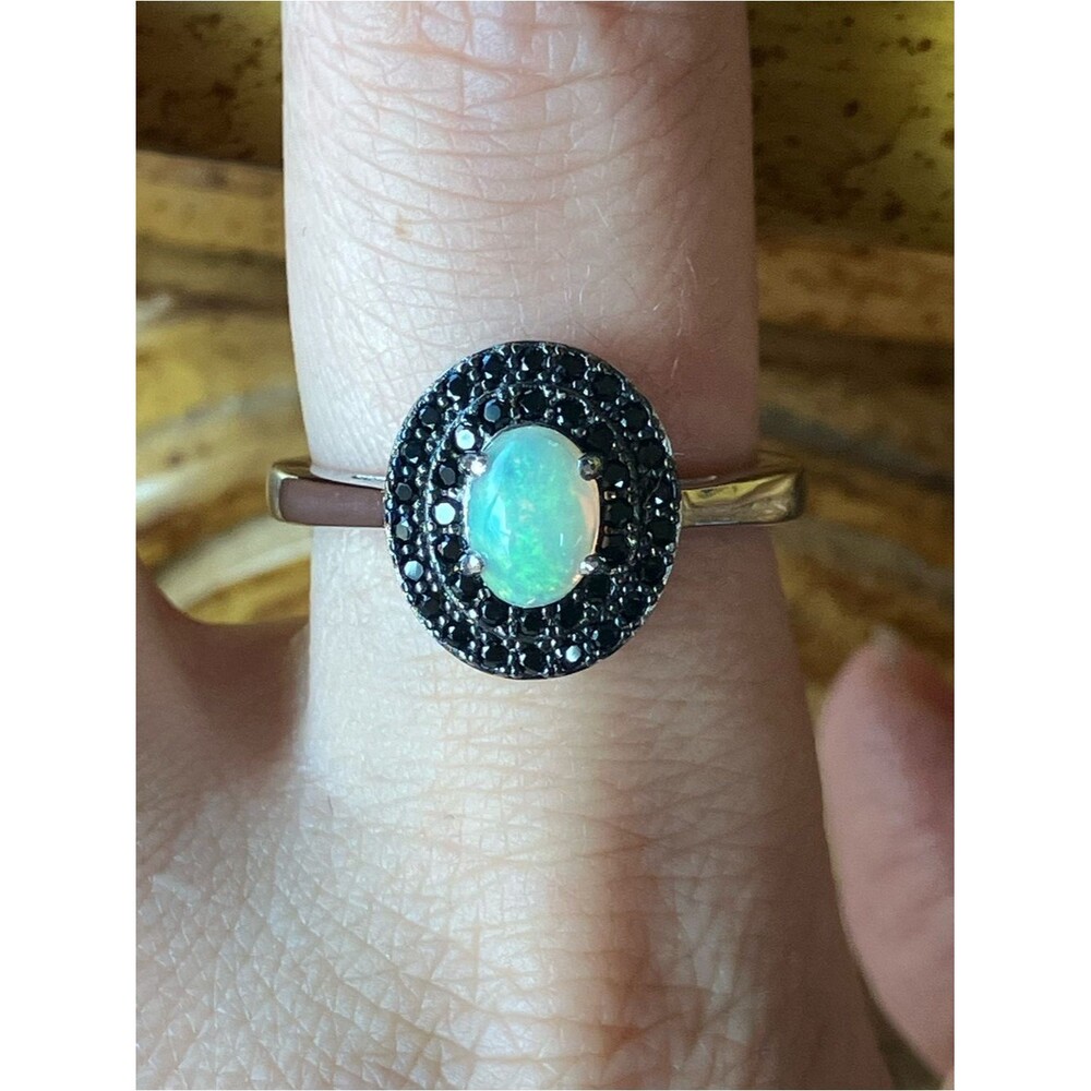 Natural Ethiopian Opal Black Spinel Sterling Silver Ring Size 8.75